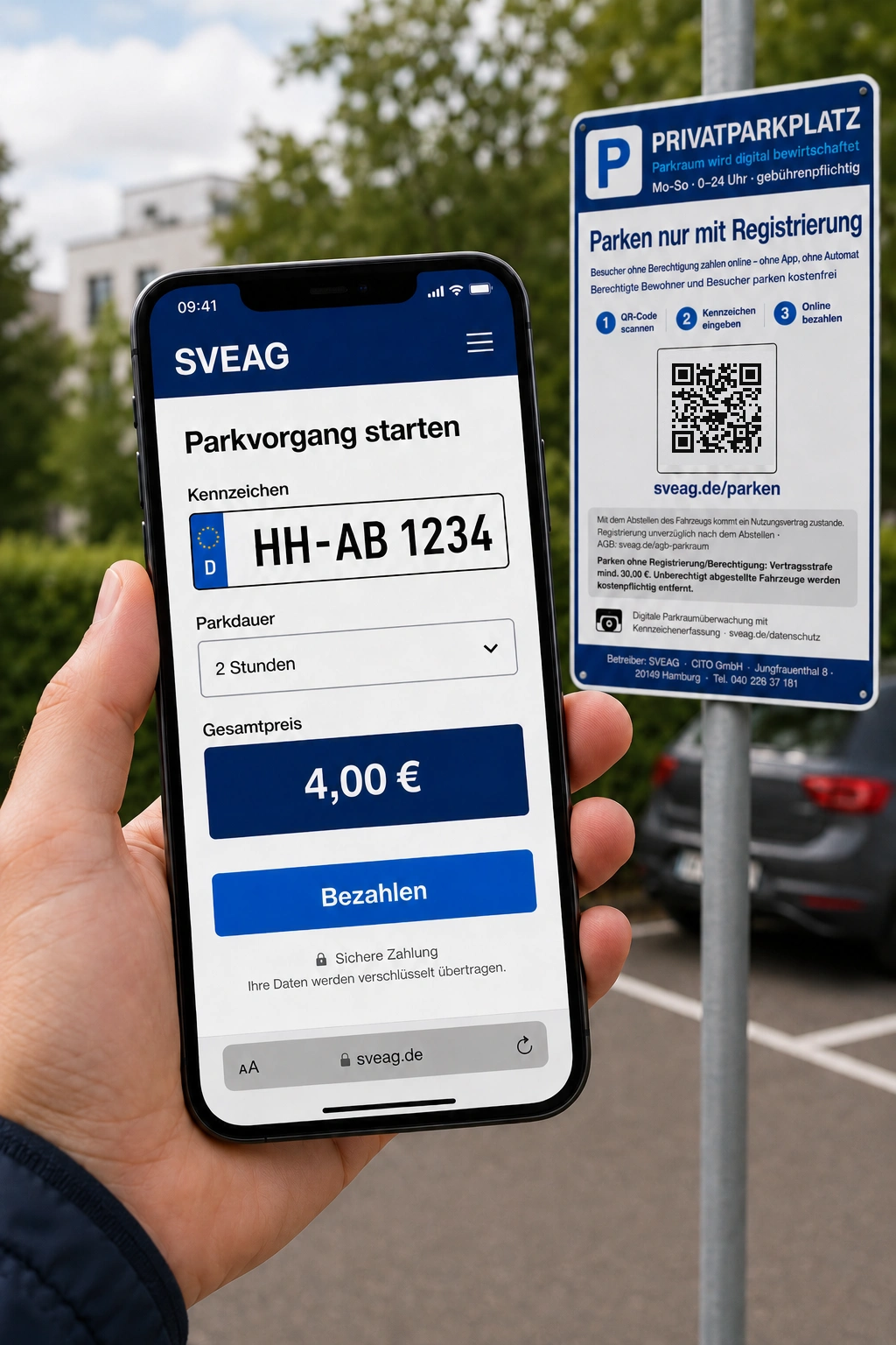 Bezahlung am Smartphone: Kennzeichen eingeben, Parkdauer wählen und online zahlen – sveag.de/parken